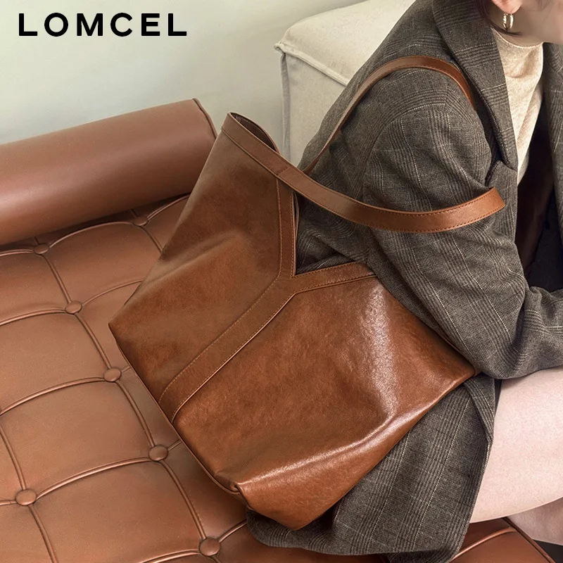 Фото LOMCEL 137 Кожаная сумка в простом корейском стиле, из растительно-дубленой кожи, сумка-тоут, сумка через плечо, большая вместимость, женская. №2