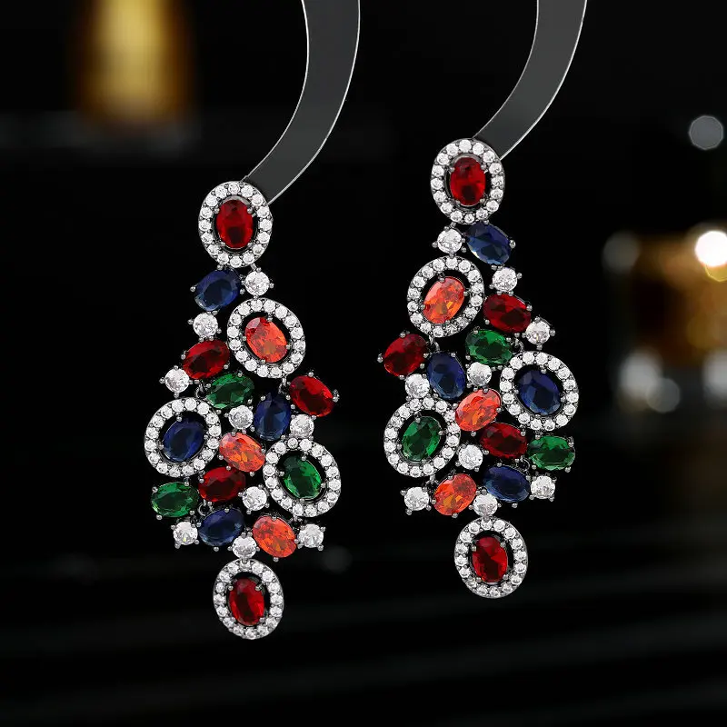 

S925 Silver Needle Colorful Zircon Inlaid Exaggerated Earrings Banquet Dress with Heavy Industry Fashion Earrings Holiday Gift