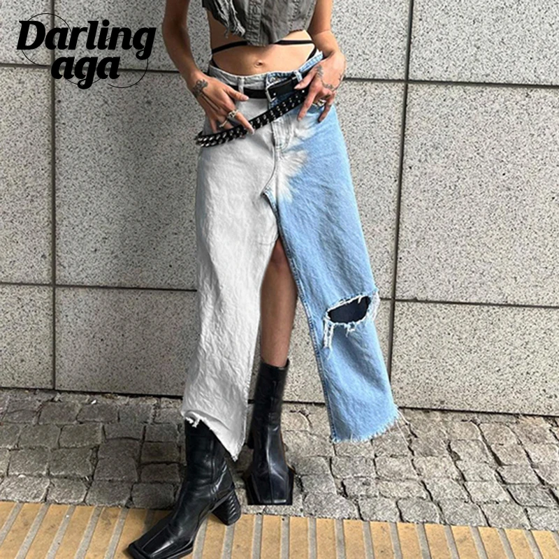 

Darlingaga Streetwear Patchwork Design Y2K Denim Skirts Distressed Chic Slit Burr Hole Low Waist Long Skirt Women Ripped Clothes