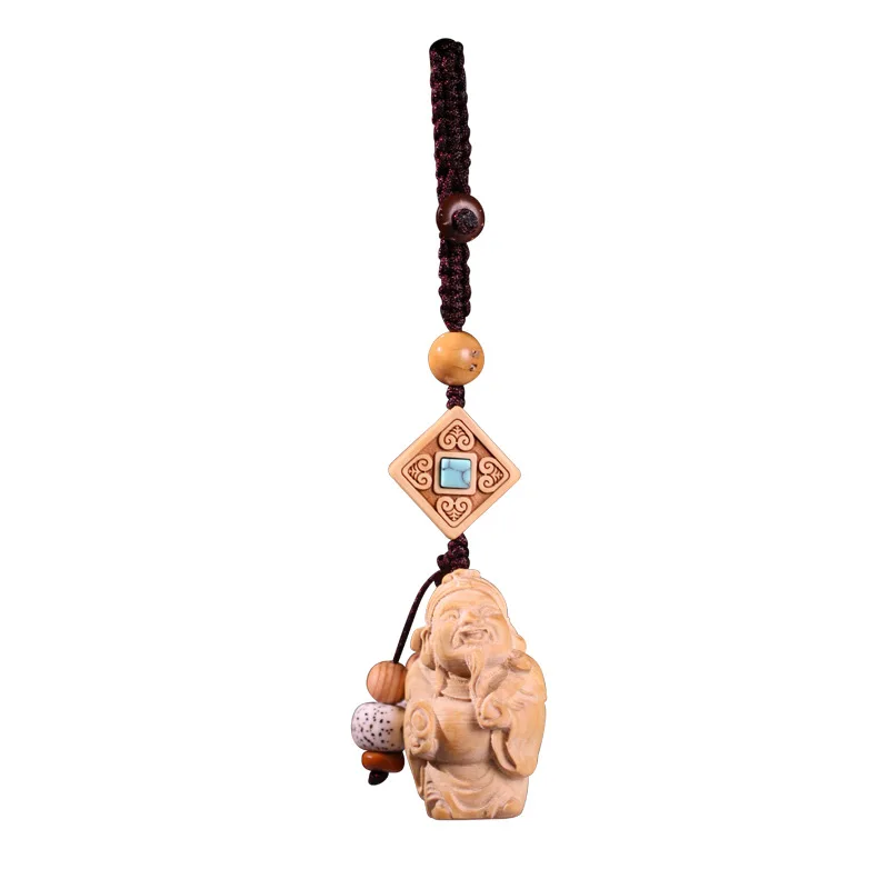 

Boxwood carving god of wealth car key chain pendant wooden handicraft pendant decorations