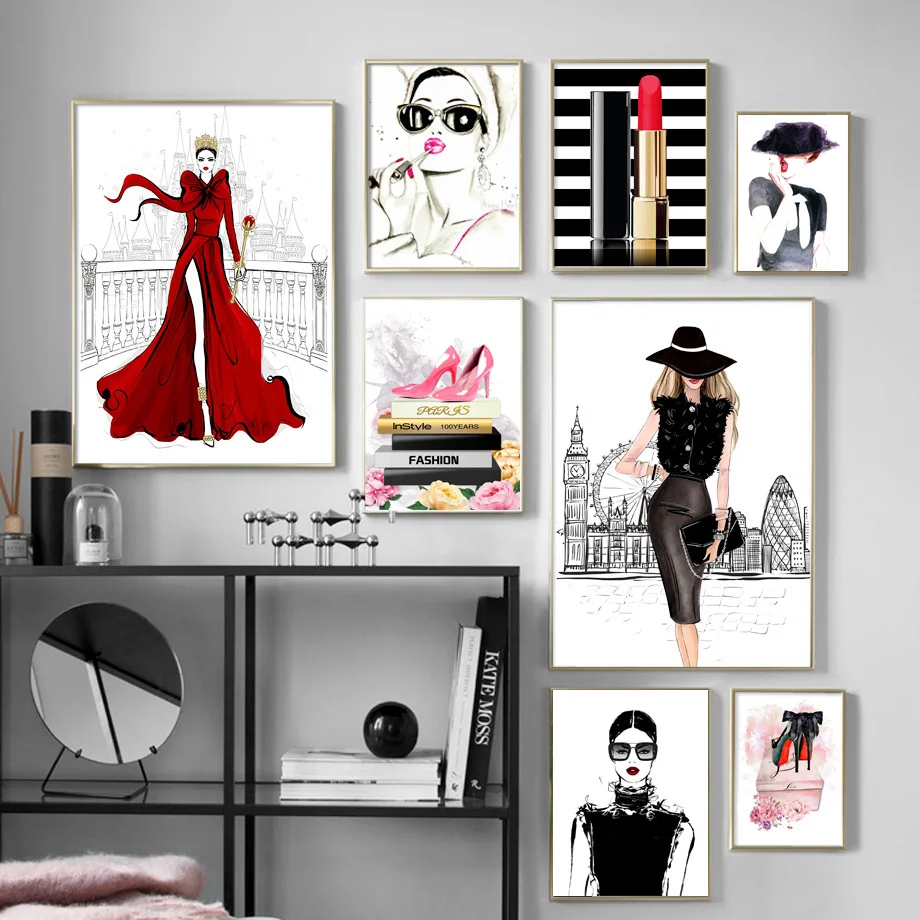 

Fashion Book Girl High Heels Lipstick Wall Art Canvas Painting Nordic Posters And Prints Wall Pictures For Living Room Decor