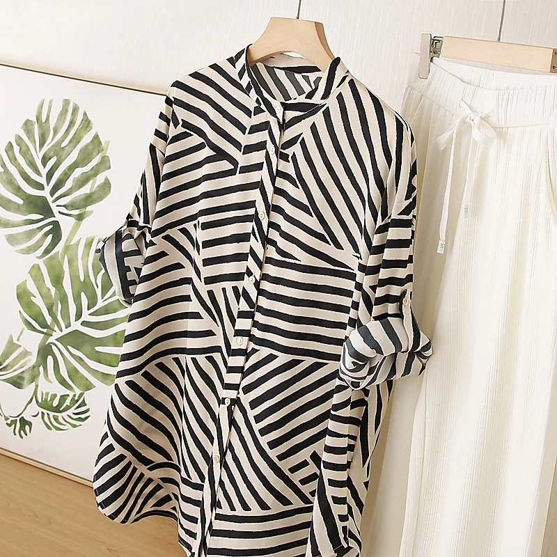 

YCMYUNYAN Summer 2023 New Silk Print Vintage Blouses Loose Short Sleeve Top O-neck Ladies Clothing Striped Satin Women's Shirts