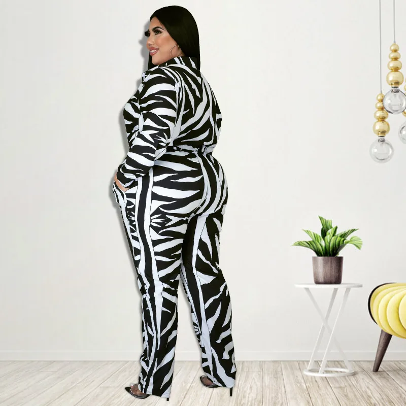 Plus Size Chic Elegant Women Jumpsuits Striped Button Belt Outfit Lady Outwear Designer Pant 2023 Spring Female Fashion Jumpsuit