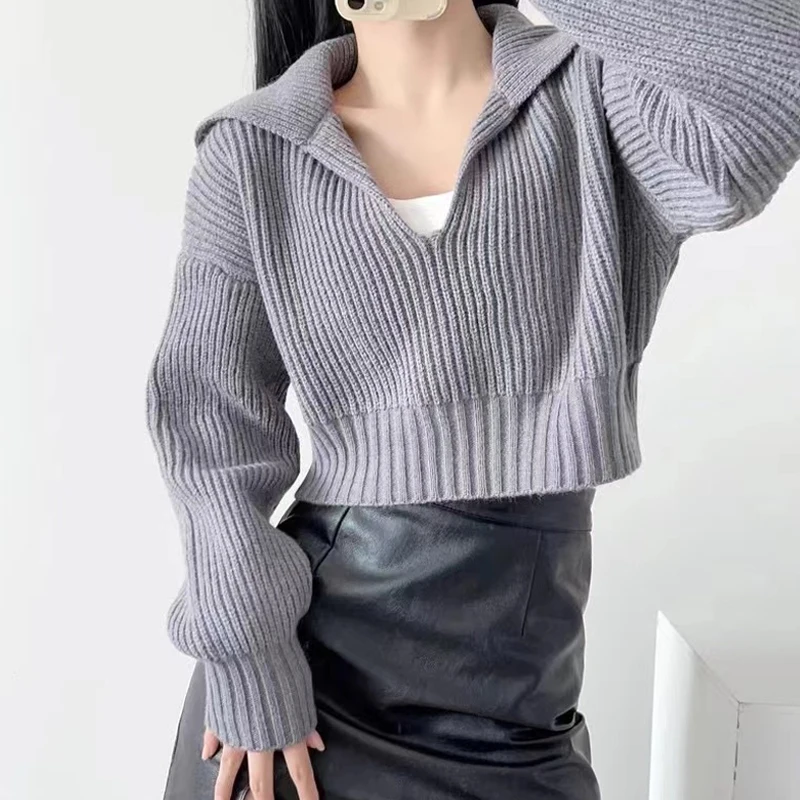 

Женский свитер с длинным рукавом, трикотажные короткие свитера, Модный пуловер в Корейском стиле с лацканами, джемпер с V-образным вырезом, повседневные свободные топы, модель 2023 на осень, 29497