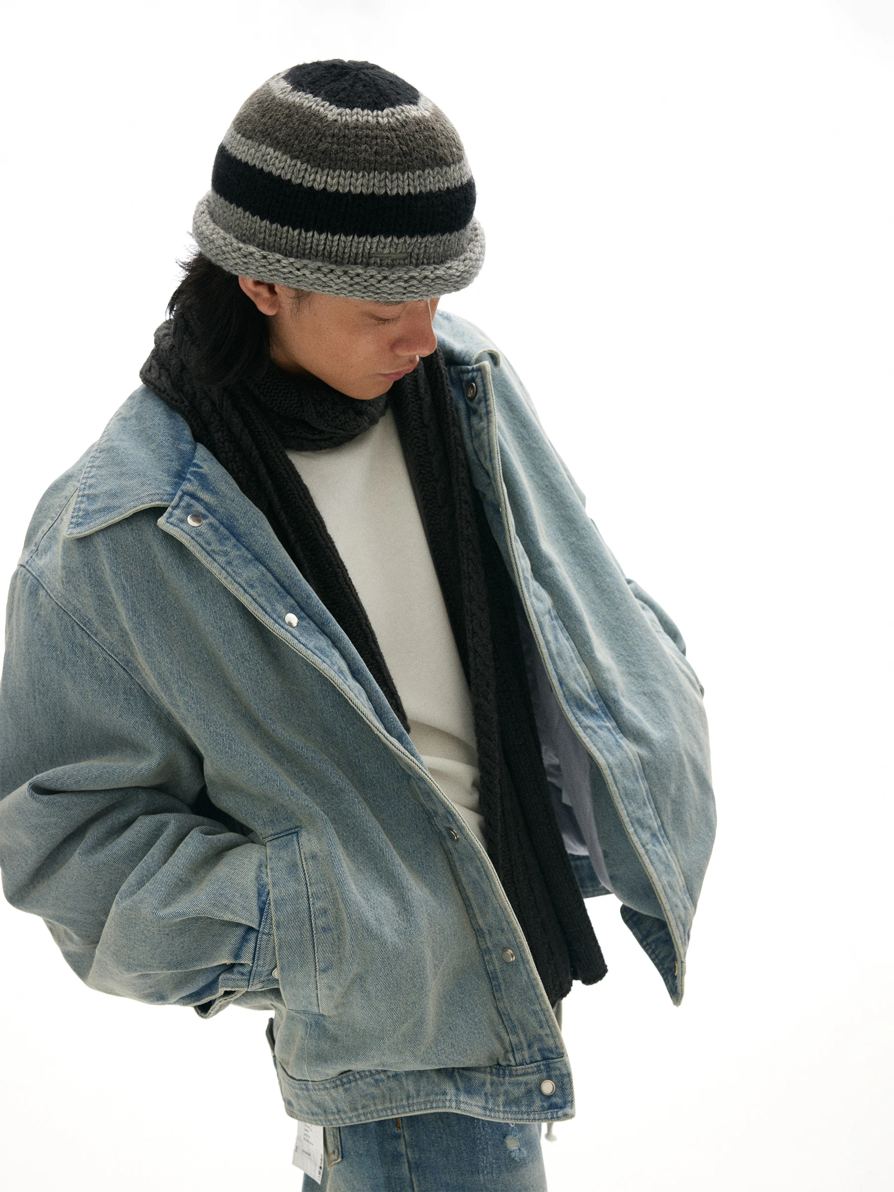 Chemical Stripe Brim Knitted Hat C4_blk/Gry/Crm_beanie