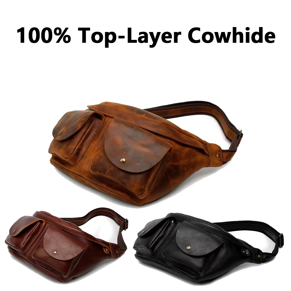 

Top Cowhide Vintage Large Chest Bag Genuine Leather Men's Chest Packs Sling Bag Crossbody Bags Outdoor Riding Bag Biking Fashion