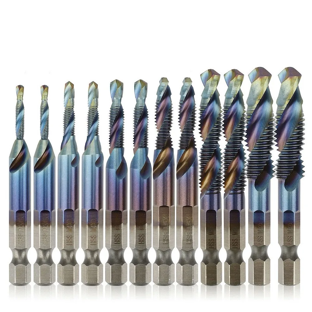 

12PCS 1/4\" HSS Hex Shank Titanium Plated Screw Thread Drill Bits Set M3-M10 Hss Taps Countersink Deburr Hand Tools