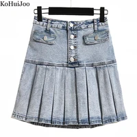 kohuijoo denim skirt woman 2022 large size clothes preppy style a line slim thin pleated skirt elastic high waist casual skirts