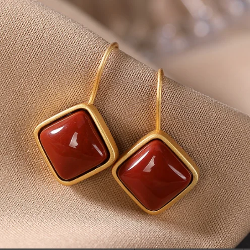 

S925 Sterling Silver Inlaid Natural Stone Geometric Ear Hook Women's Natural Square Earrings Simple Graceful Earrings Eardrops
