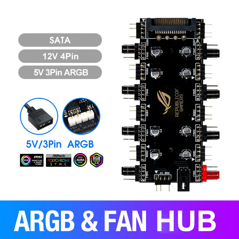 

1 to 8 Multi Way Splitter RGB PWM Hub SATA Interface PC Speed Controller Adapter for GIGABYTE ASRock Motherboards