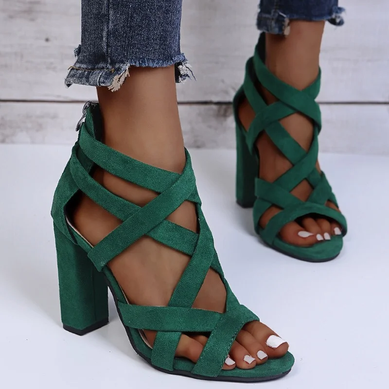 

Elegant Women Pumps Sandals 2023 Open Toe High Heels Low Block Heel Shoes Gladiator Zipper Thick with Sandals Wedges Mules Shoes