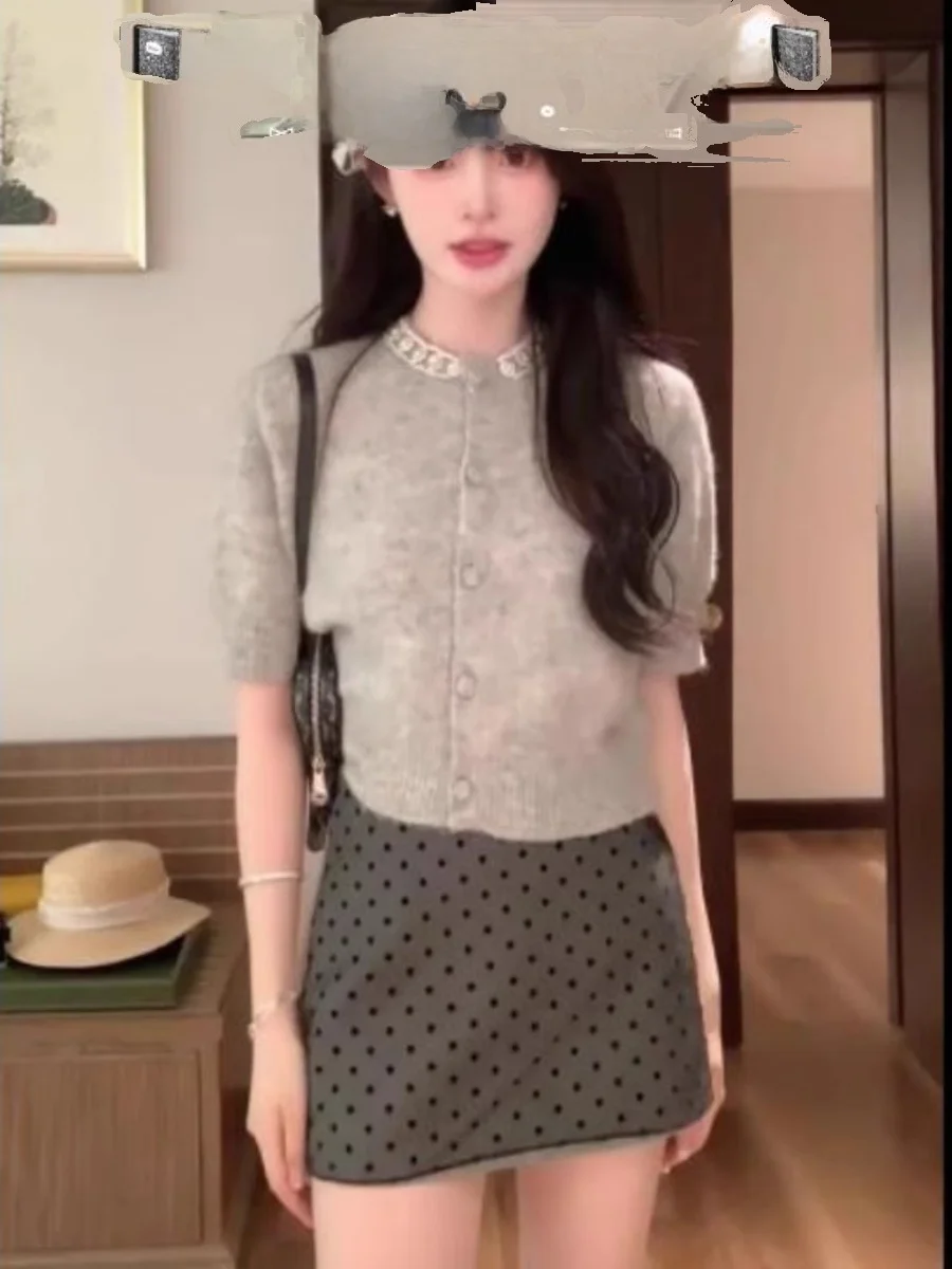 Весенняя серия Miu со сверлильным свитером кардиган футболка с короткими рукавами