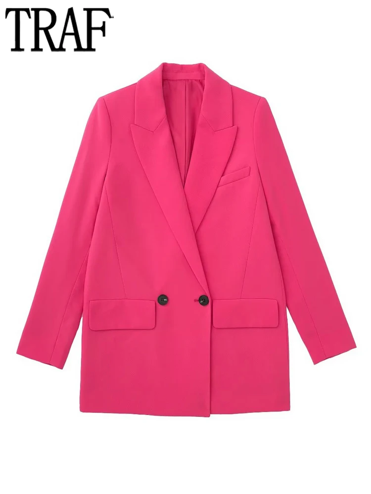 

TRAF 2022 Pink Women Blazer Office Long Blazers for Women White Double Breasted Jacket Woman Autumn Streetwear Blazer Women Coat