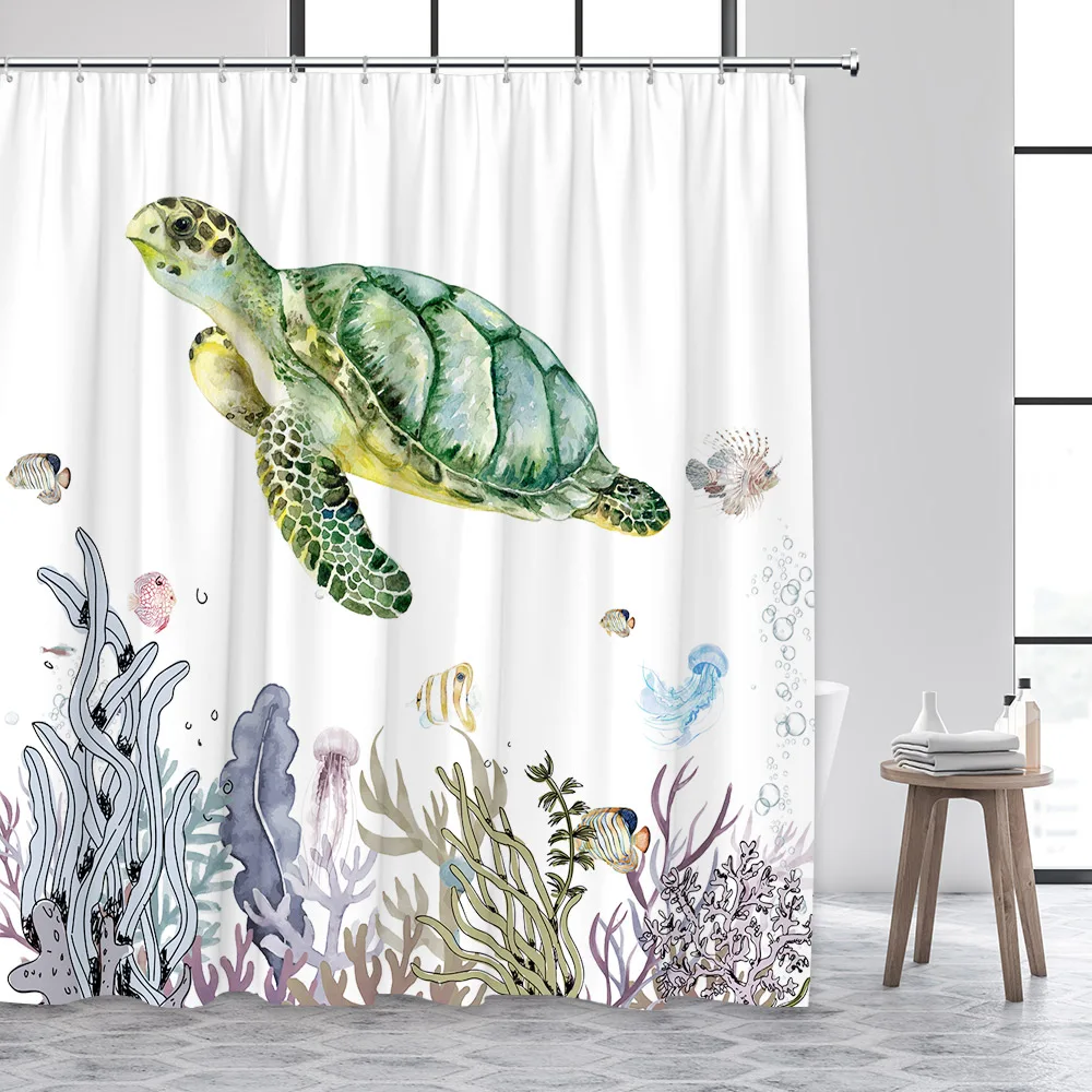 Sea Turtle Shower Curtains Watercolor Sea Animals Tropical Fish Coral Seaweed Modern Printing Fabric Bathroom Curtain Decor Sets