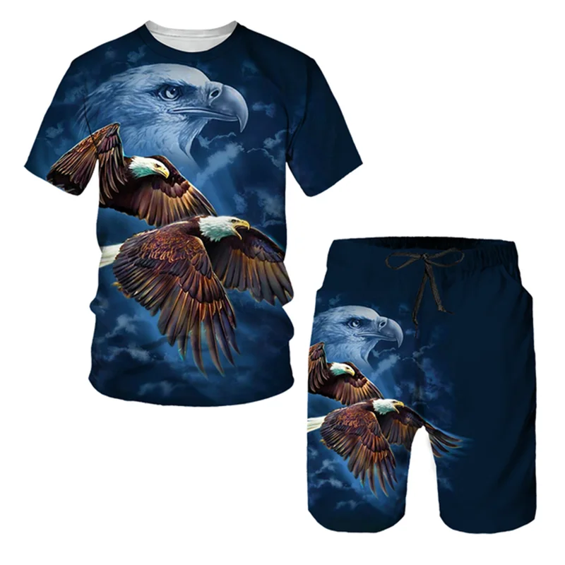 Fashion 3D Eagle Pattern T Shirt For Men Shorts 2 Piece Outfit Trend Harajuku Children Tees Casual O-neck Short Sleeve Loose Top