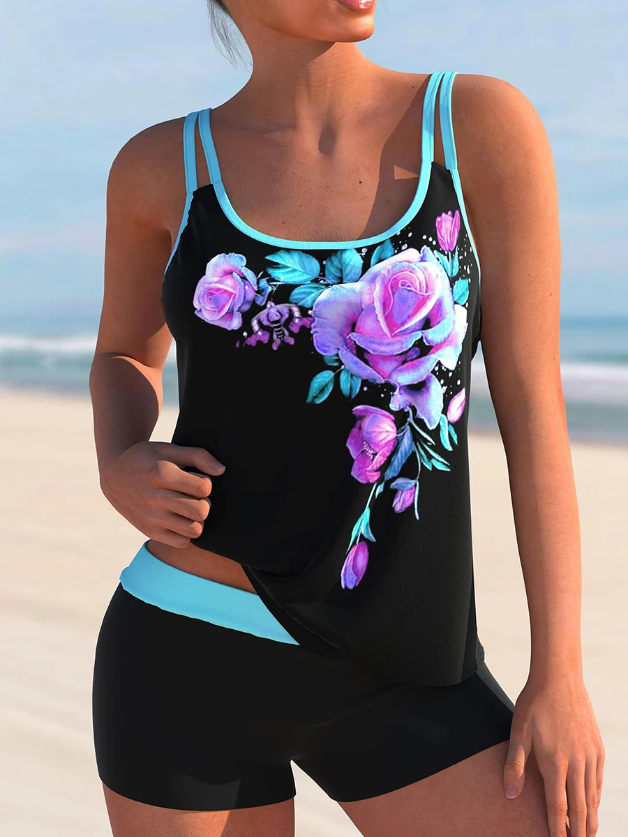 

2022 Printed Tankini Two Piece Swimsuit Women Push Up Swimwear Female Sports Bathing Suit Beachwear Swimming Summer Shorts