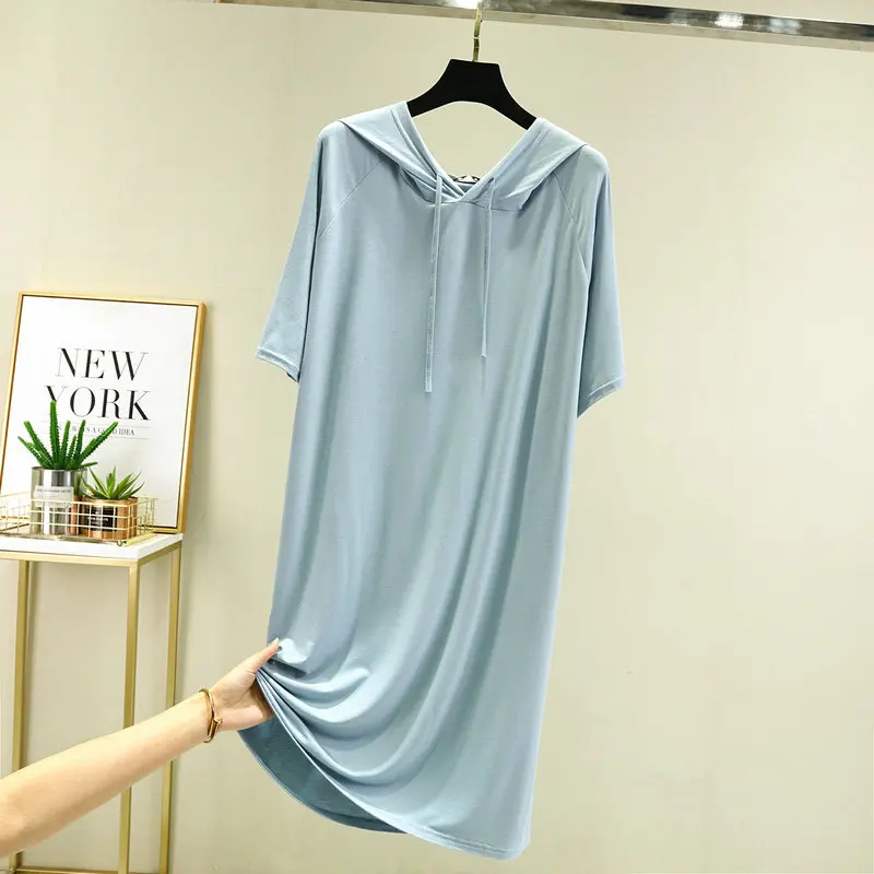 Summer Casual/Sexy Nightgown For Women Elastic Hooded Nightdress Women's Modal V-Neck Short Sleeve Nightwear Fashion Big Size