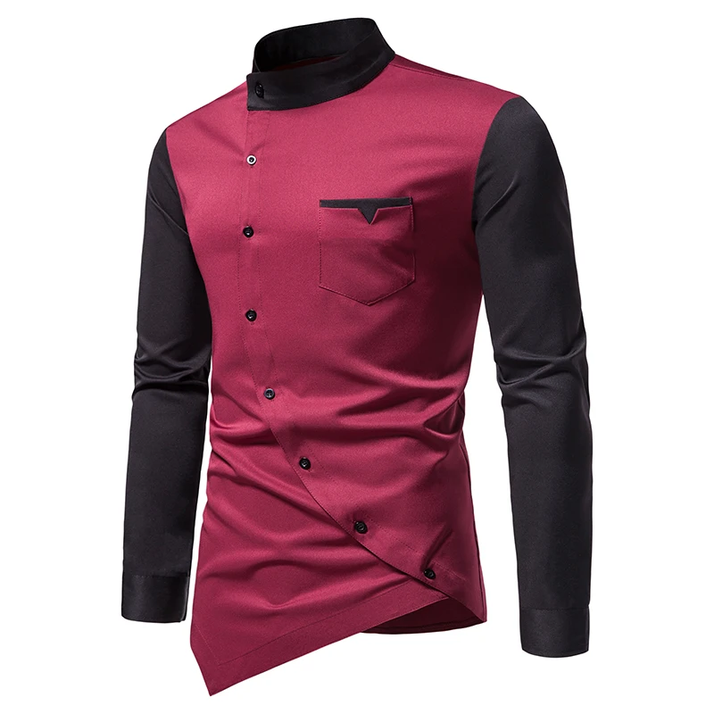 

Men Shirt Long Sleeve Personality Diagonal Button Shirts for Men Luxury Designer Irregular Henry Collar Top Grade Tops