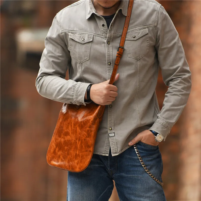Retro fashion high quality natural genuine leather men's thin shoulder bag daily outdoor work travel top cowhide messenger bag
