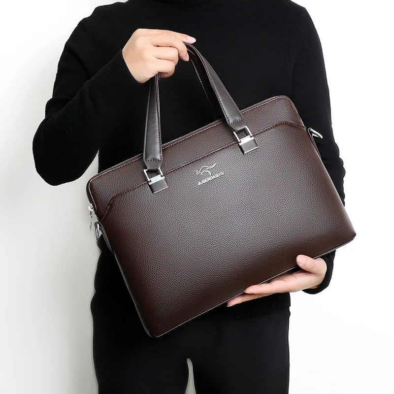 New PU Leather Men's Briefcase With Zipper Business Handbag Horizontal Male Laptop Bag Vintage Shoulder Messenger Bag