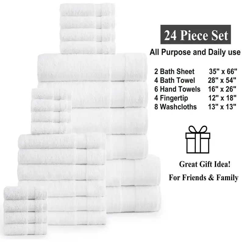 

Towel Set 24 PC- 2 Bath Sheets, 4 Bath, 6 Hand, 4 Fingertip & 8 Wash Cloths, Soft and Absorbent- White