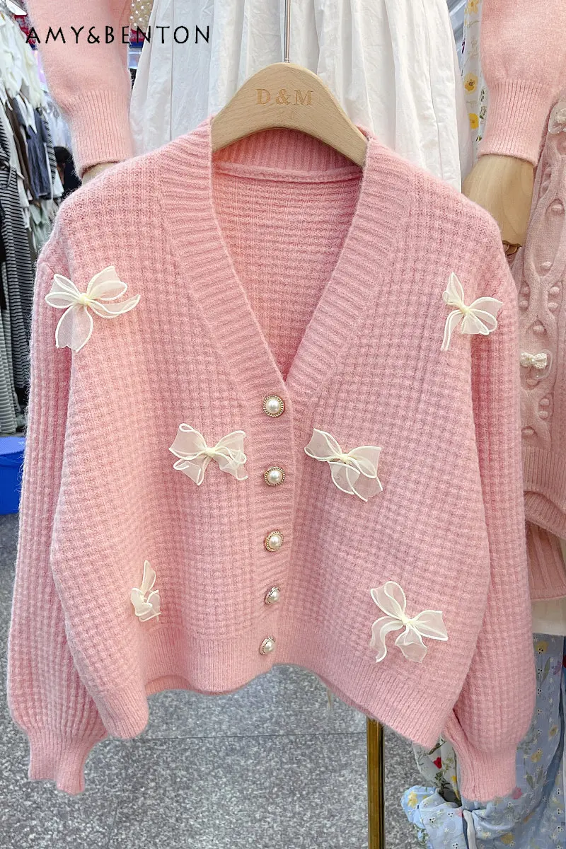 

Sweet Knitted Cardigan for Women Sweater Coat Ladies Spring and Autumn Outerwear New Bow Top Short Knitted Sweater Female