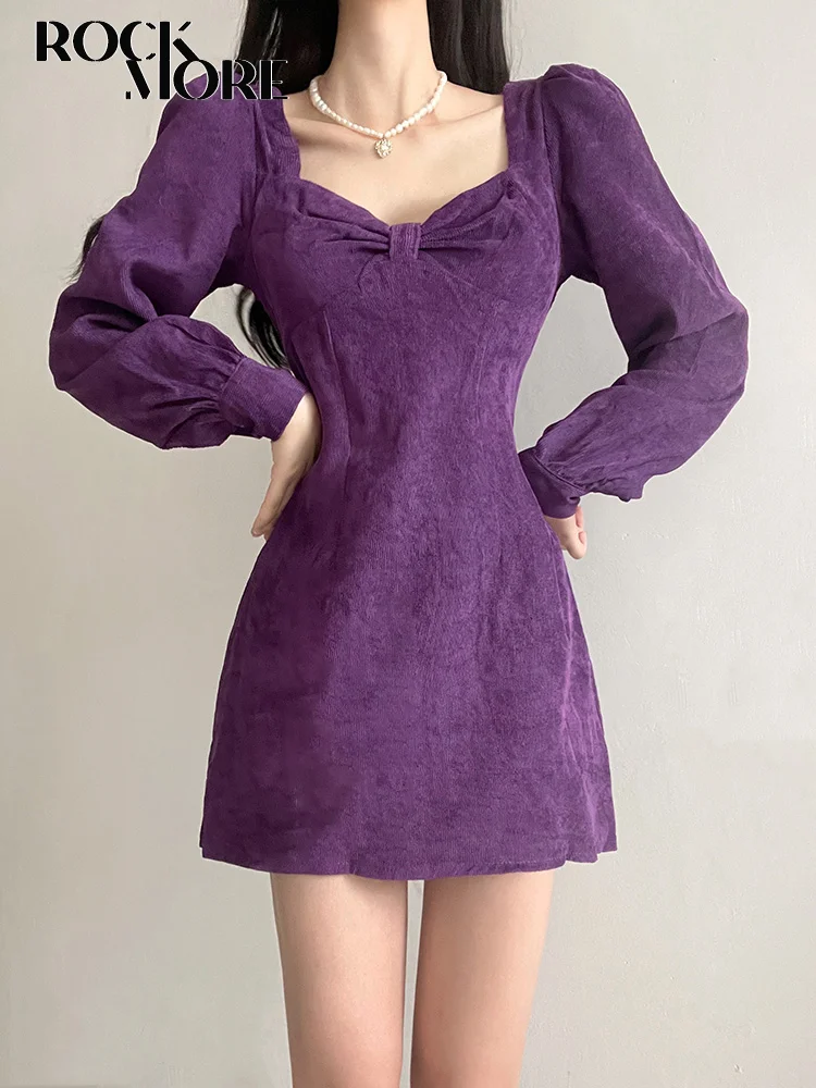 

Rockmore Corduroy Evening Dresses for Women Christmas Long Sleeve Square Collar Birthday Party Mini Dress Elegant Wedding Outfit