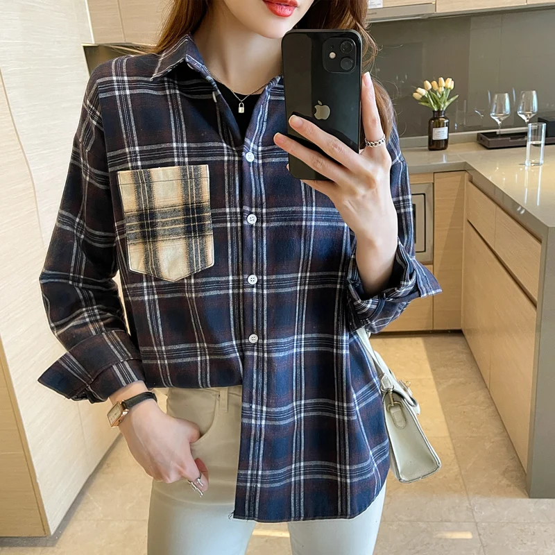 

New chic ladies shirts casual loose plaid printing women blouses 2022 Spring autumn Long sleeve blouses mujer blusas