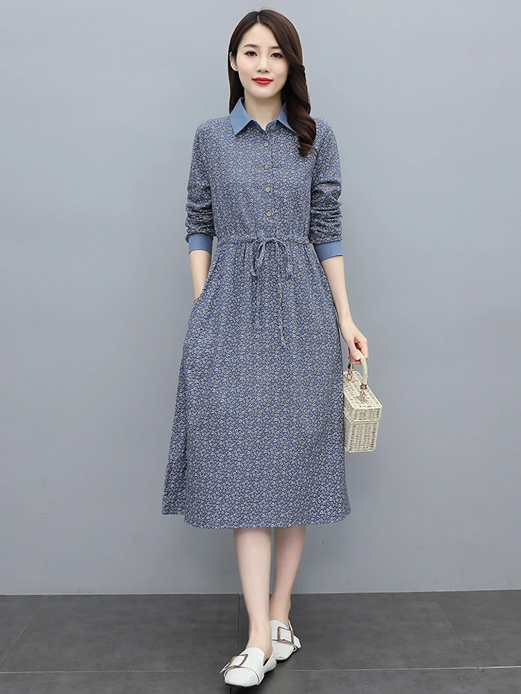 

Women Lapel Long Sleeve Spring Autumn Shirt Dress Cotton Linen Dresses Elegant Fashion Office Ladies Vestidos Female Tunic Robe