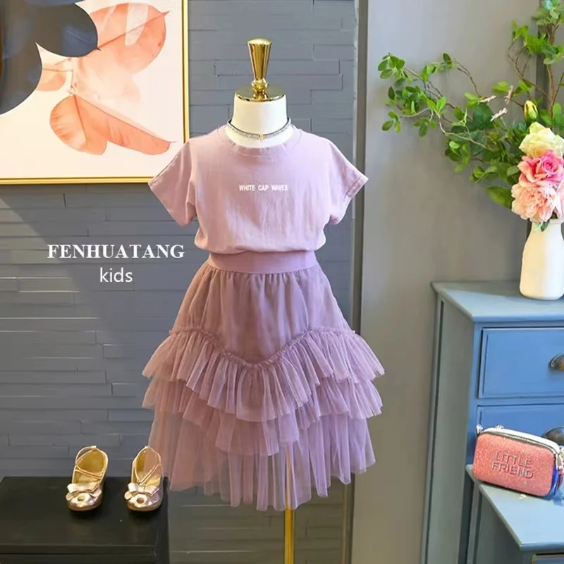 

Girls' Suit Letter Short-Sleeved T-Shirt And Mesh Skirt Summer New Children'S Clothing 3-8 Years Old