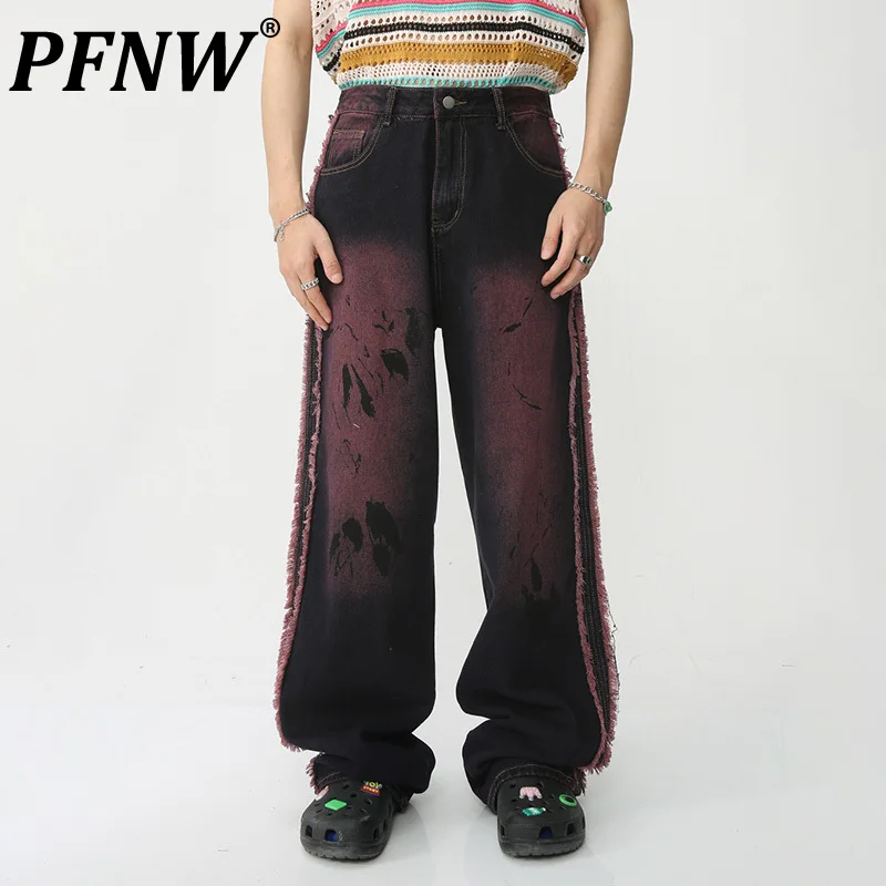 

PFNW Spring Summer Men's Chic Side Ragged Edge Jeans Y2K Niche Design Hihgh Street Tie Dye Contrast Techwear Denim Pants 12A9565