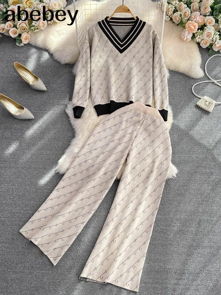 

2022 Autumn Winter Thick Knitted Two Pieces Set Women Warm V neck Pullover Sweater+Wide Leg Pants Warm Sweater Suit