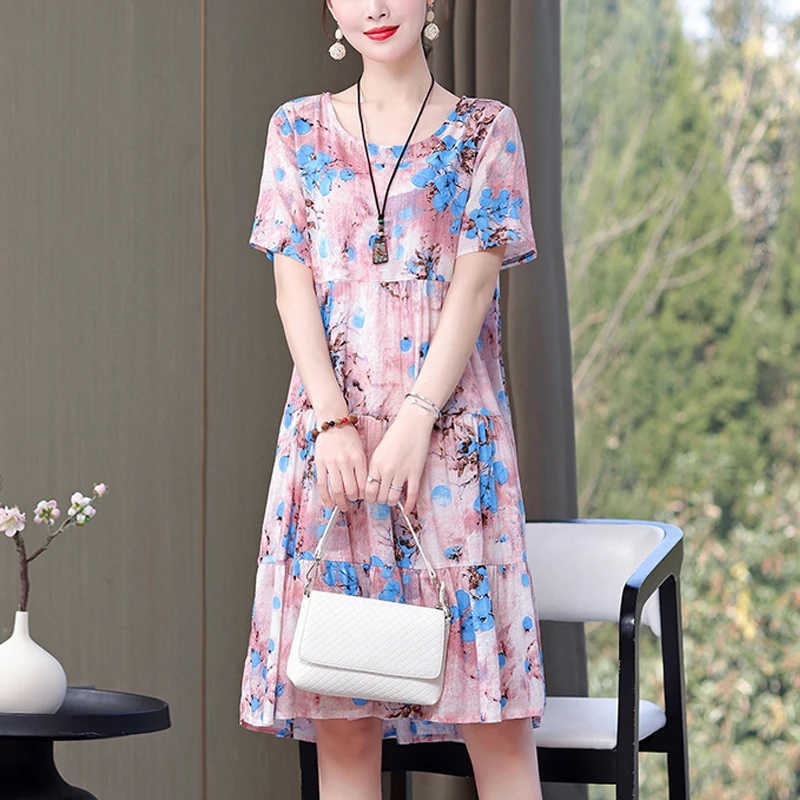 

New Arrival Casual Summer Dress For women 2022 Female Elegant Print Loose O-Neck Cotton Women Clothing Dresses Plus Size