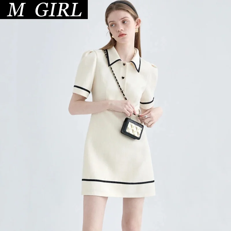 

Модельное летнее платье для девушек M с пышными короткими рукавами с высокой талией контрастных цветов дизайнерское офисное модное повседневное женское платье с отложным воротником
