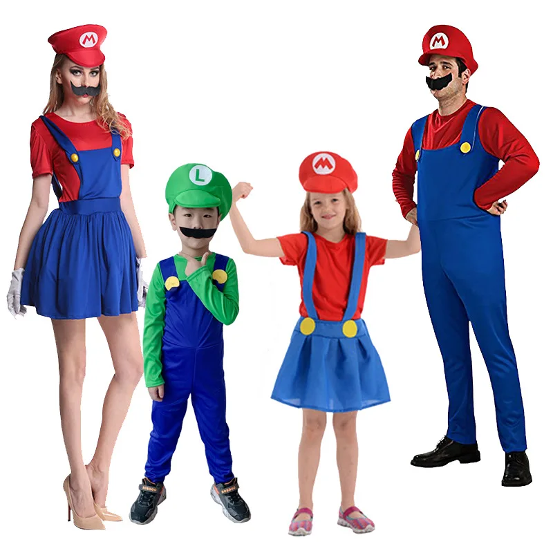 Super Luigi Mari Brothers Costumes Cosplay Jumpsuit Mari LUIGI Bros Family Adult Kids Halloween Costume Fancy Party Dress Suit