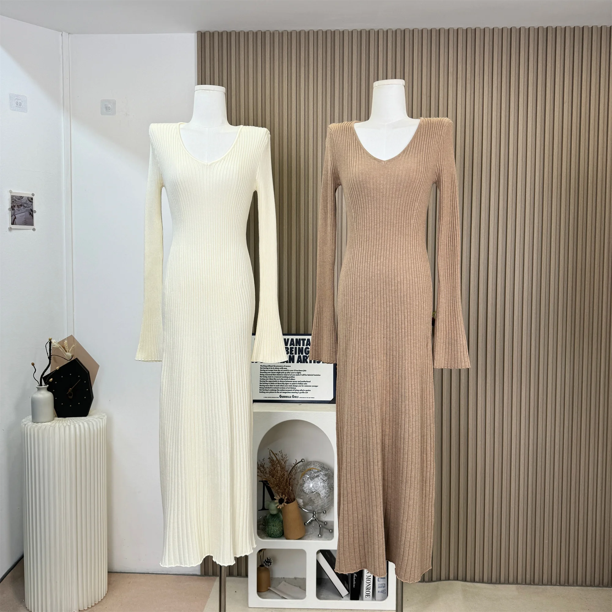 Женский однотонный свитер шерстяное платье пуловер с v-образным вырезом трикотаж