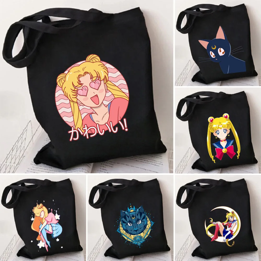 Anime Girl Cartoon Cat Sailor Moon Women Canvas Shoulder Bags Harajuku Handbags Totes Eco Shopper Reusable Cotton Shopping Bags