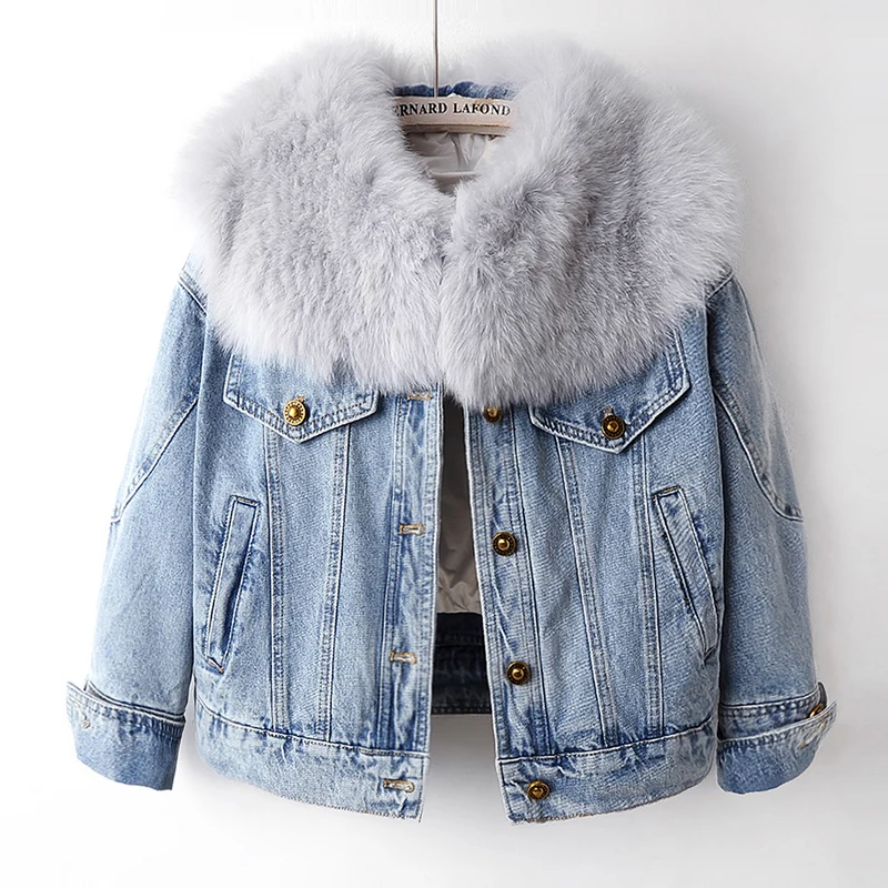 

Real Big Fox Fur Collar Down Liner Denim Jacket Coat Women Cowboy Outerwear Winter Thick Warm Loose Short Jeans Jackets Female