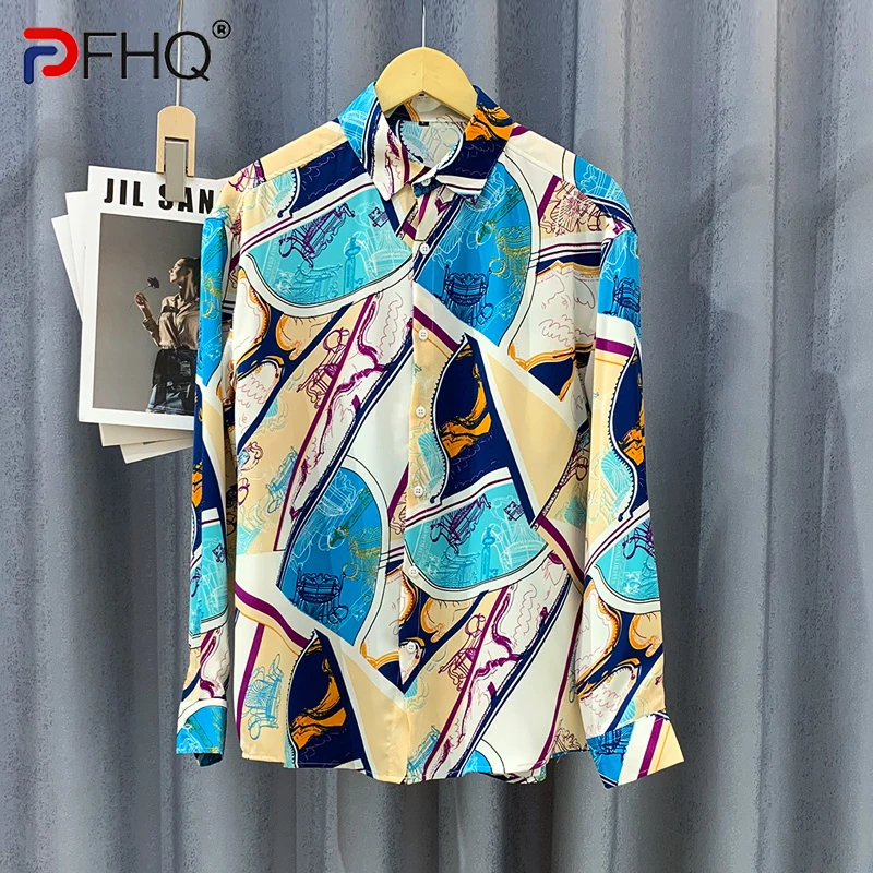 

PFHQ Autumn Men's Youth Fashion Graffiti Print Tops Long Sleeved Fitting Chiffon Patterned Anime Cartoon Abstract Shirts 21Z1247