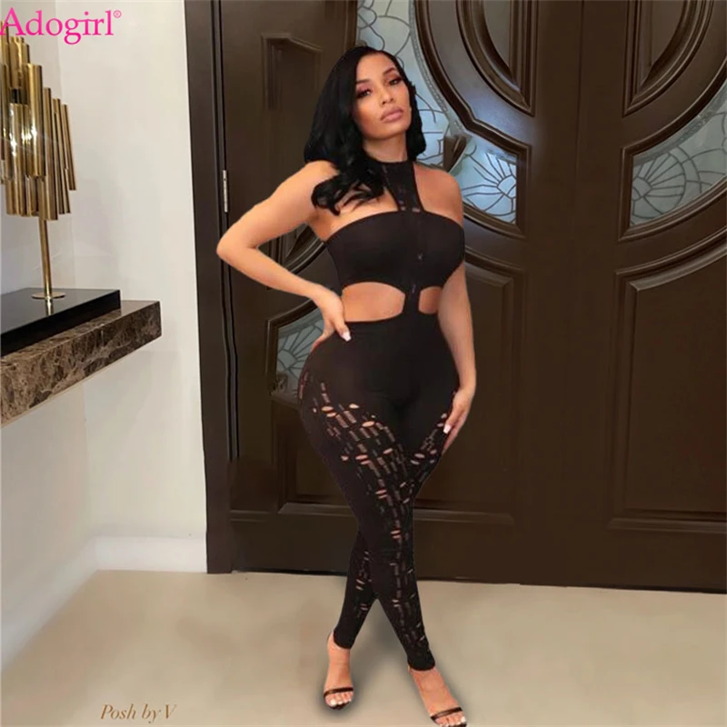 

Adogirl Hollow Out Holes Skinny Jumpsuit Solid Women Sexy Strapless Halter Sleeveless Body-shaping Overalls Night Clubwear