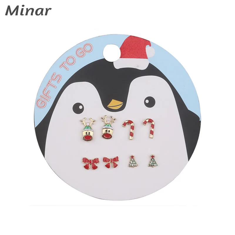 

4 Pairs Christmas Small Stud Earrings Set Red Green Enamel Elk Candy Cane Bow Knot Tree Earrings For Girls Cute Woman Accessorie