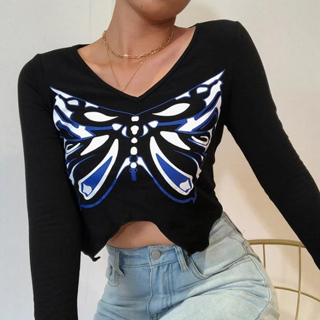 

2000s Vintage Long-sleeved T-shirt Y2k Aesthetic Butterfly Graphic Print Slim Top Womens Streetwear Harajuku Basic Tee