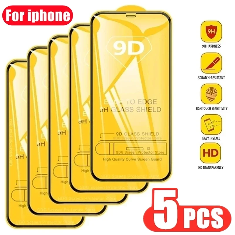 5Pcs 9D Proteggi Schermo In Vetro Protettivo Per Iphone 14 13 12 11 Pro Max Mini 7 8 Plus Vetro Temperato Per Iphone 11 15 Xr Xs Max