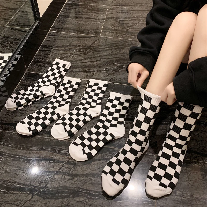 Harajuku Knee High Socks Gothic Lolita Novelty Checkerboard Nylons Woman High Stocking Chausette Femme