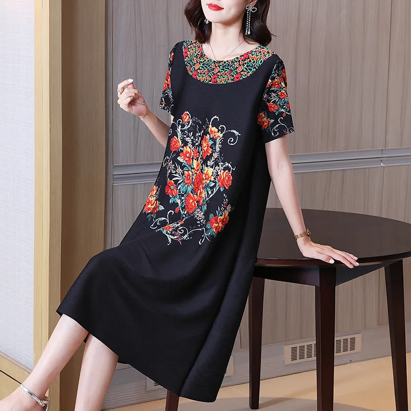 

Summer Dress Women Flowers Printed Round Neck Short Sleeved Elegant Stretchable Miyake Pleated Loose A Line For Female 45-75KG