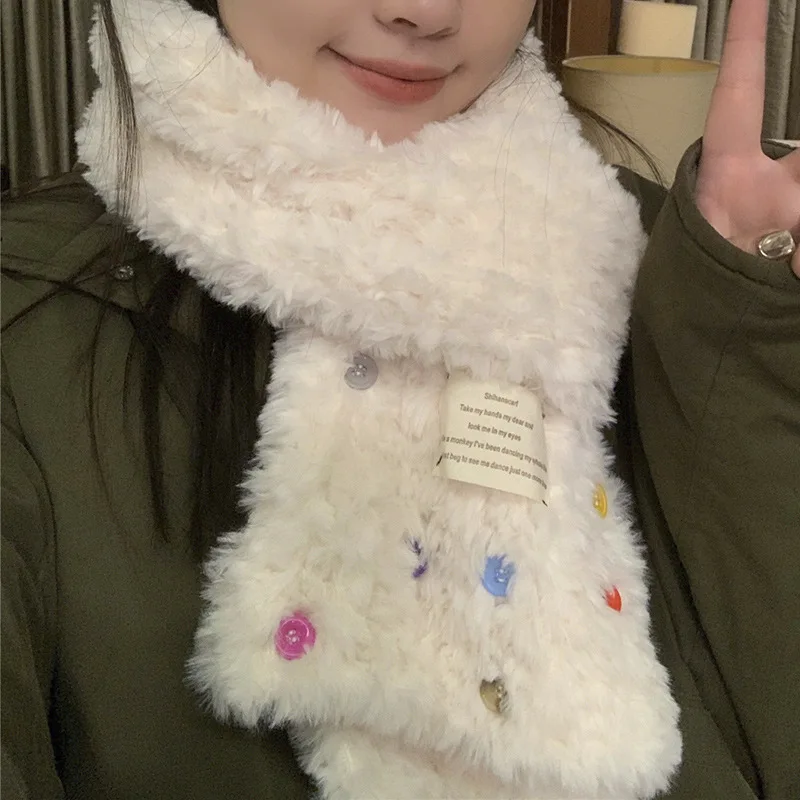 2022 Корейский осень и зима Новый Модный Цветной плюшевый женский шарф молочно-белого цвета с пуговицами утолщенная теплая шаль