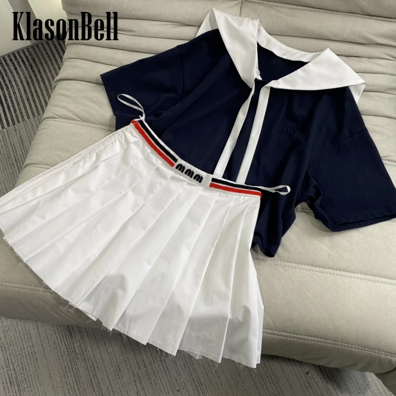 

5.21 KlasonBell Detachable Sailor Collar Cotton Short T-Shirt Or Mini Pleated Skirt Set Women