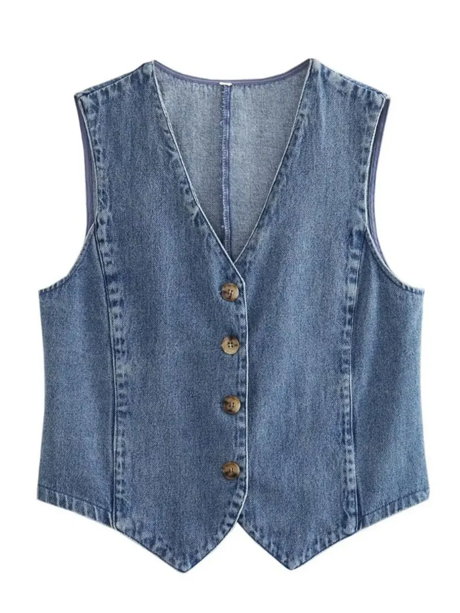

Women s Denim Vest Y2K Casual Waistcoat Sleeveless V-Neck Cropped Tank Tops Button Up Vintage Jackets
