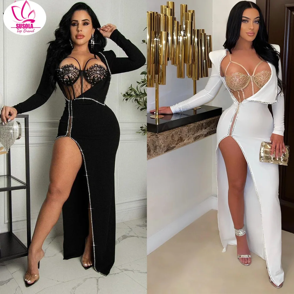 

SUSOLA 2 Pcs Diamonds Party Dress Set Women Sexy Lace Bustier Bodysuit Lining Long Sleeve High Split Maxi Club Dresses Suit