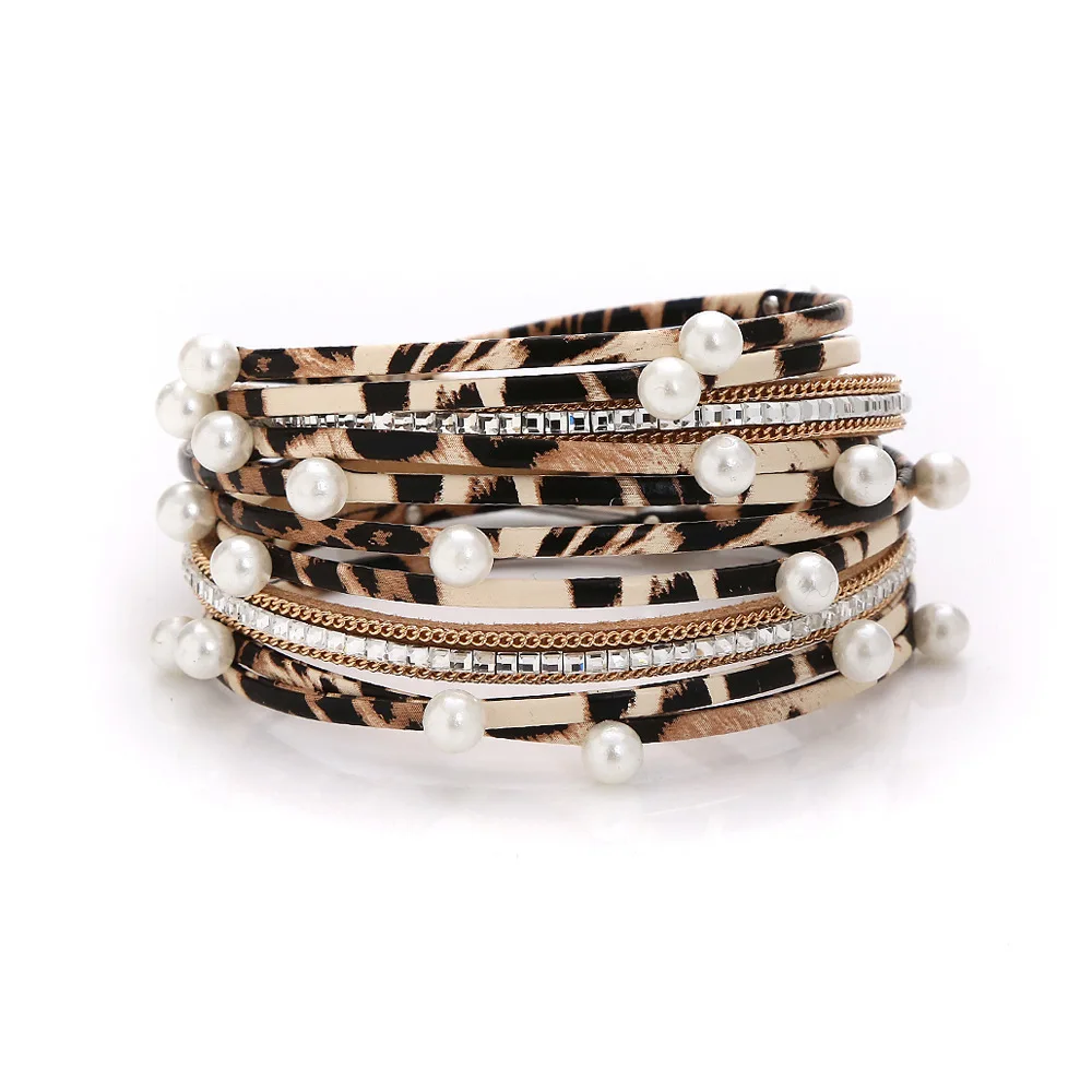 

Wybu 39cm Multilayer Winding PU Leather Natural Pearl Inlaid Diamond Bracelet Women's Fashion Jewelry Bracelet For Gifts